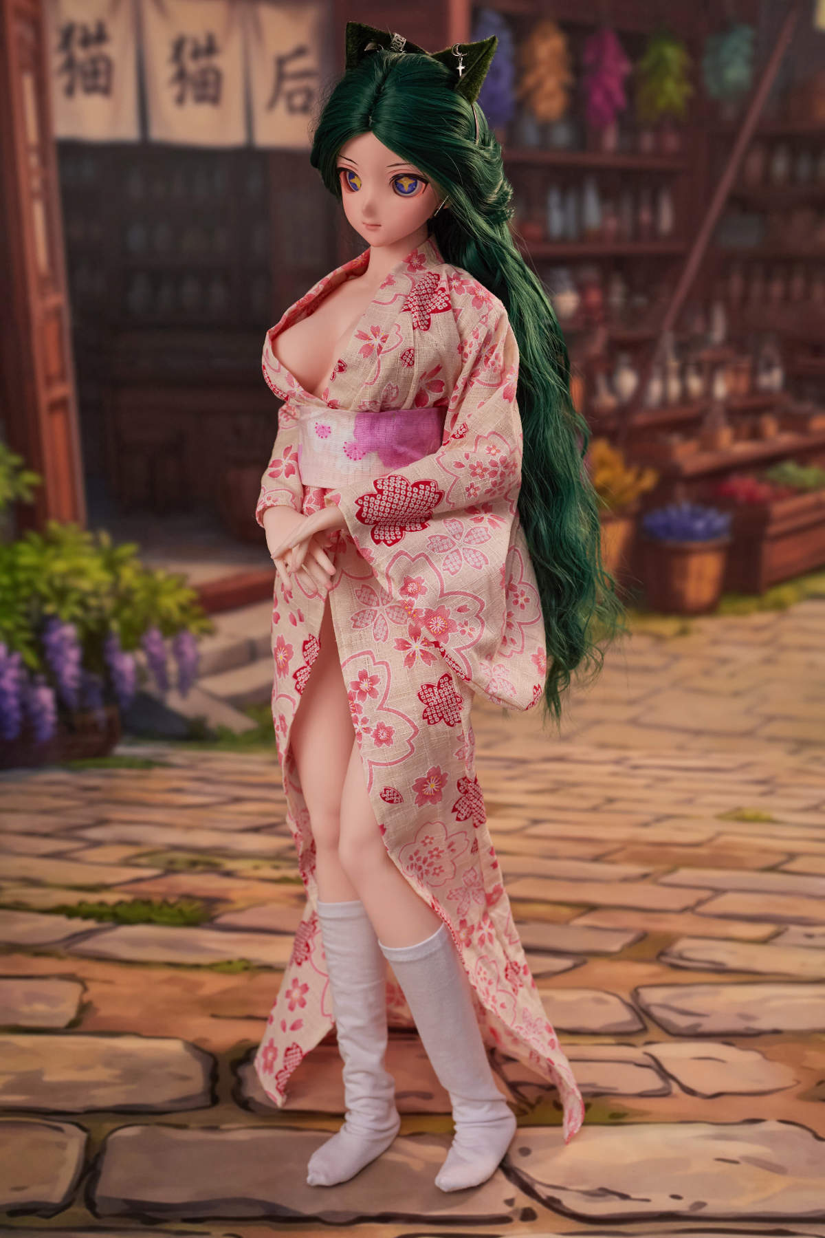 CLIMAX DOLL Mini J60cm Hybrid - Momo (Cinnamon) standing side pose in a kimono with thigh-high socks, brick wall setting