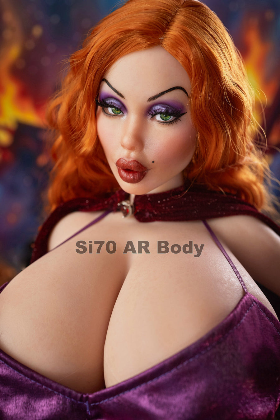 CLIMAX DOLL Mini Si70cm AR Silicone - Diana (Natural) close-up portrait with dramatic blue eyeshadow and red lips, wavy copper-red hair, purple satin dress