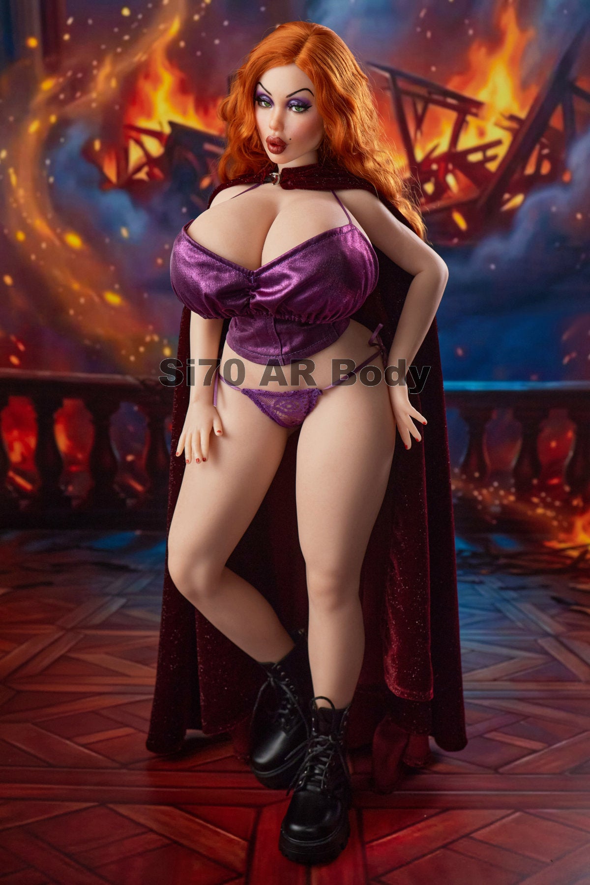 CLIMAX DOLL Mini Si70cm AR Silicone - Diana (Natural) standing in a purple bra and heeled boots, full curvy silhouette