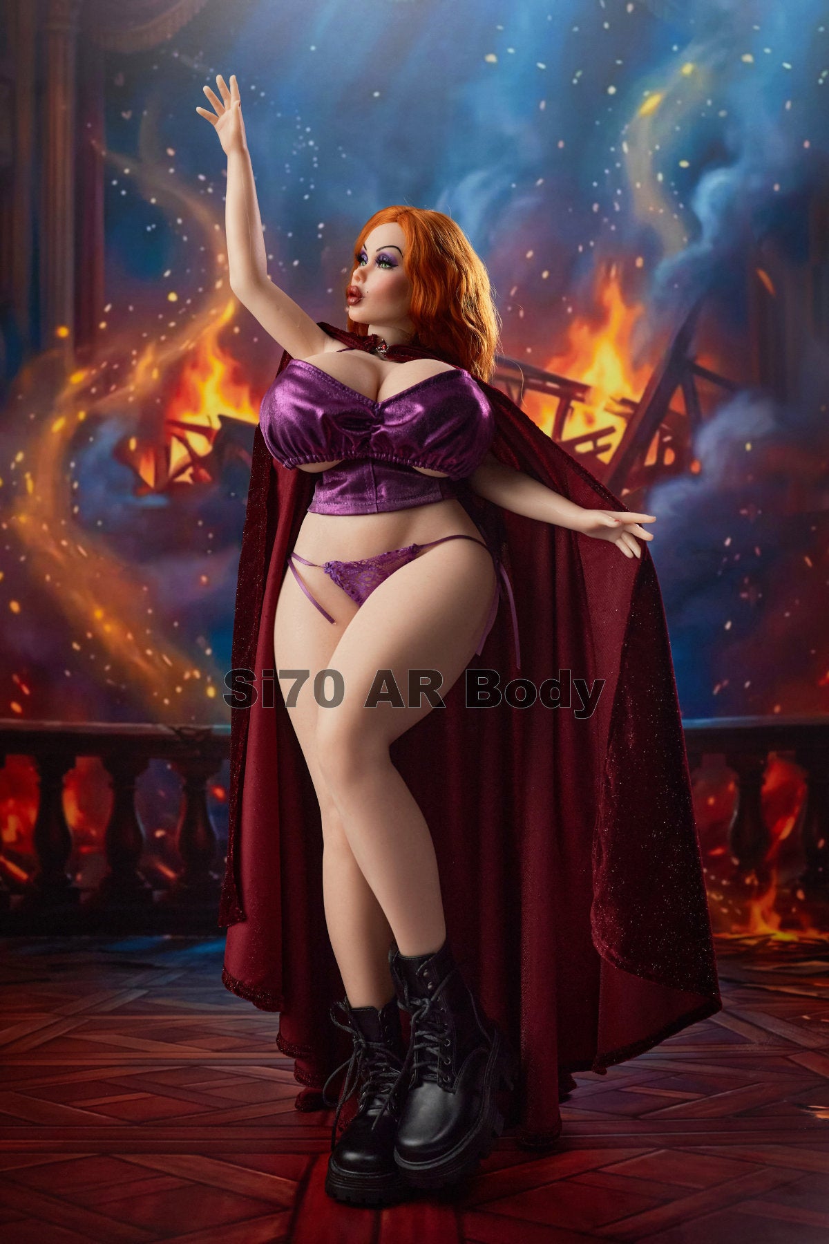 CLIMAX DOLL Mini Si70cm AR Silicone - Diana (Natural) side profile in a purple satin cape dress and boots, fiery studio background