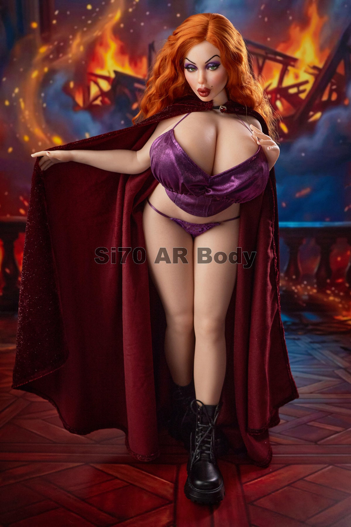 CLIMAX DOLL Mini Si70cm AR Silicone - Diana (Natural) standing pose in a purple lace bra and flowing cape, walking stance