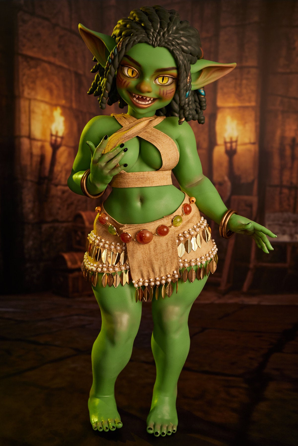 CLIMAX DOLL Mini Si70cm AT Silicone - Kaela (Green) full body standing front view in pink tribal bra top and skirt, braided dark hair with beads, warm tavern background
