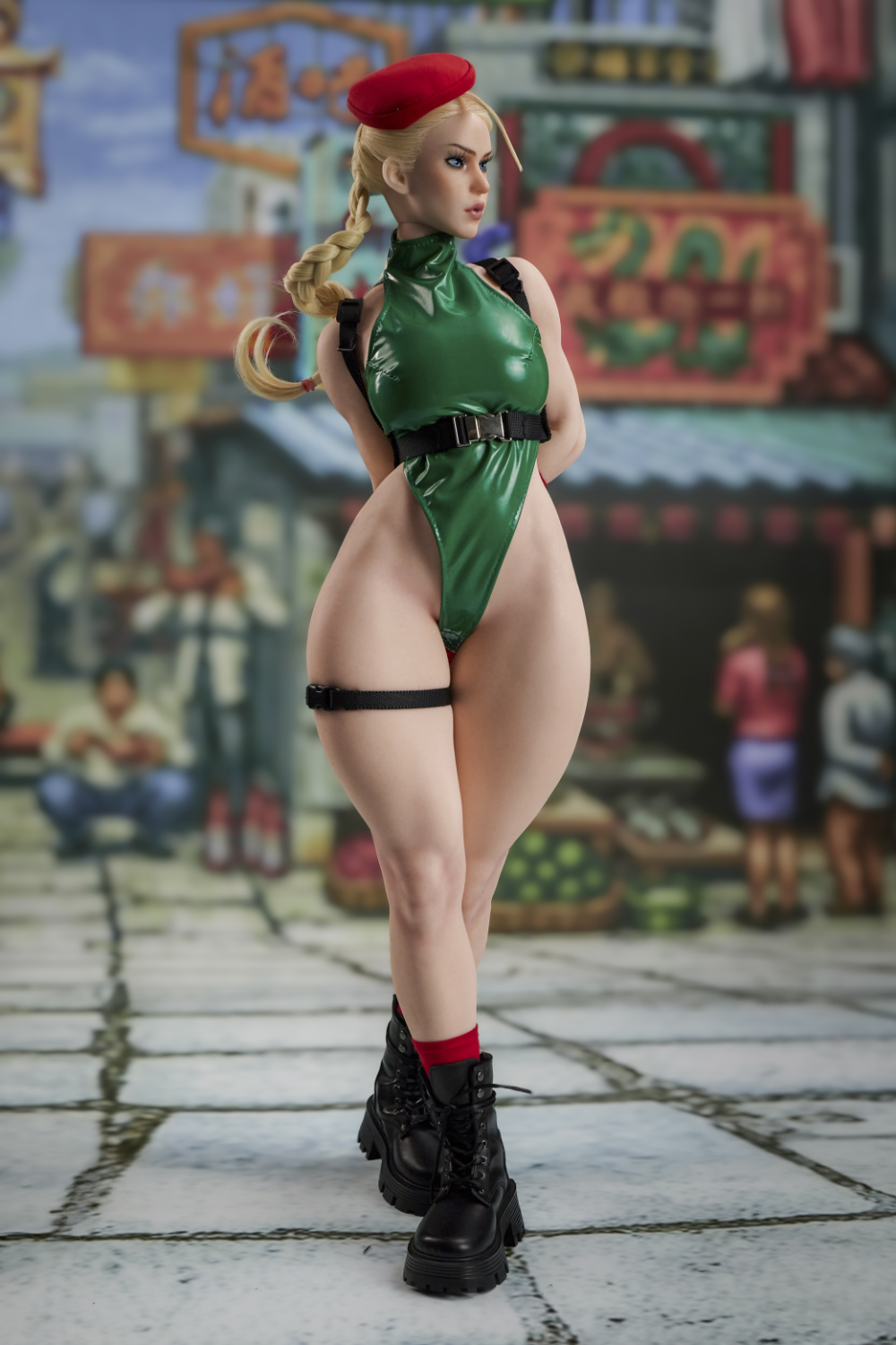 CLIMAX DOLL Mini Si70cm KA Silicone - Freya in a green outfit with a red beret standing on a street with people in the background