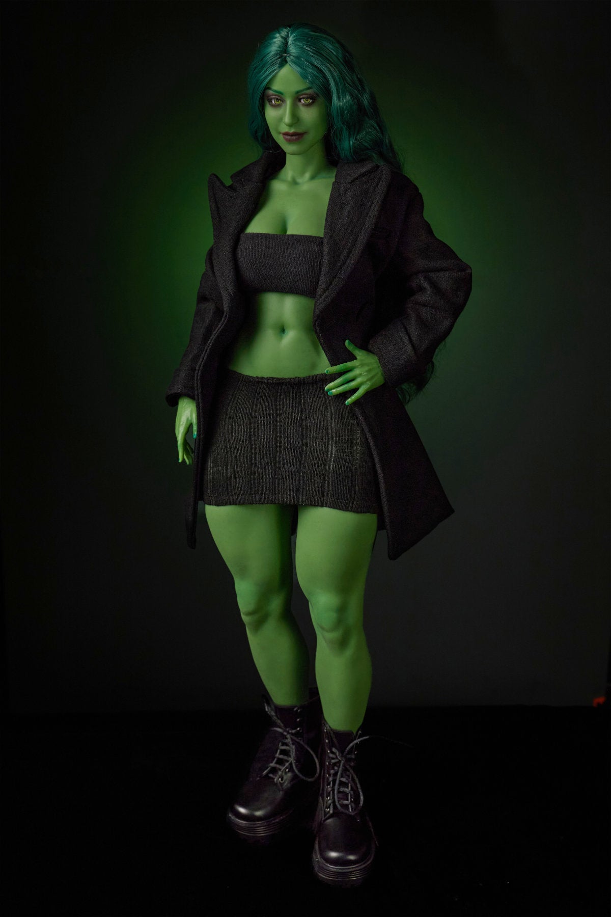CLIMAX DOLL Mini Si70cm KA Silicone - Renee (Green) rear view in black crop top and mini skirt, long green hair, dark green studio background