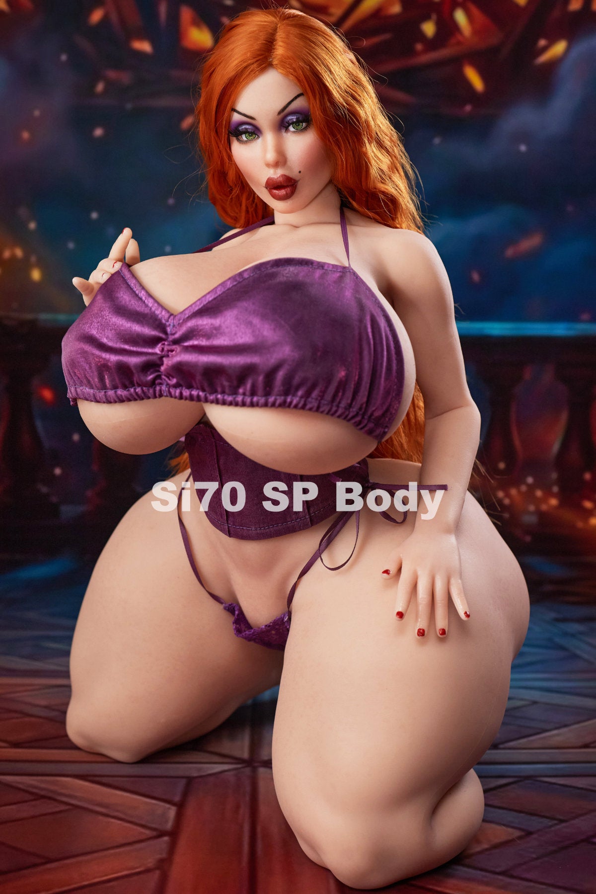 CLIMAX DOLL Mini Si70cm SP Silicone - Diana (Natural) kneeling in a purple satin bikini set against a fiery orange background, copper-red hair