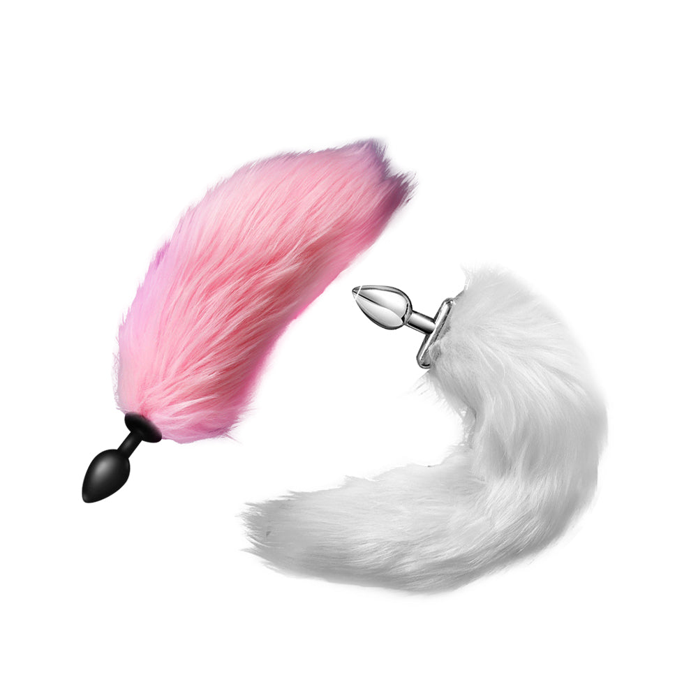 Light-up faux fur tail with flexible core and interchangeable metal and silicone plugs