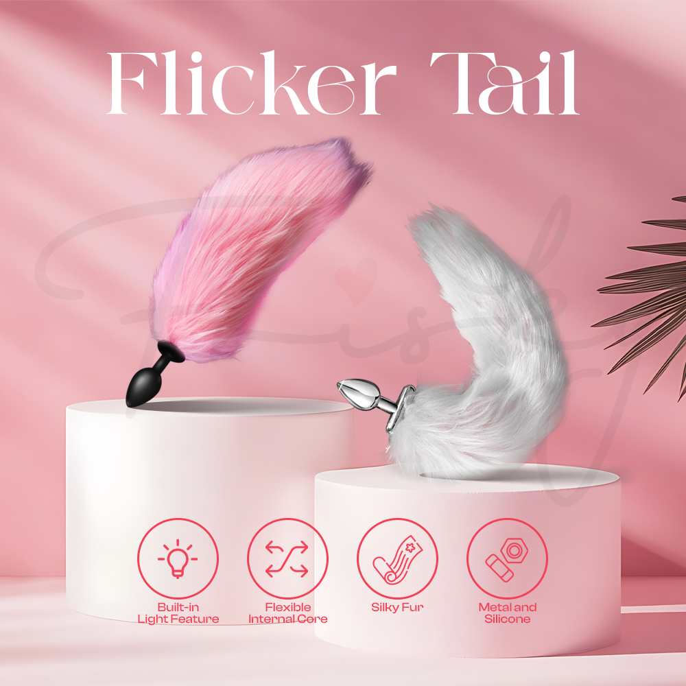 Pink and white faux fur tails displayed with glowing light feature