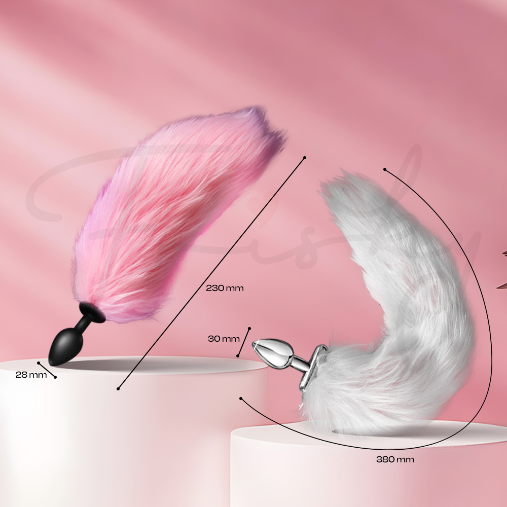 Two fluffy tail attachments showing shape, size, and plug connection detail
