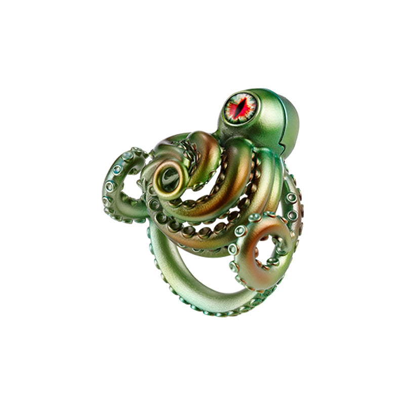 Green and gold octopus tentacle ring coiled around a red-eyed cephalopod head design