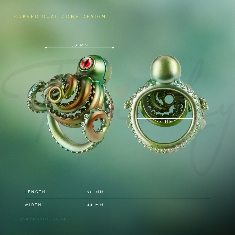 Green and gold octopus tentacle ring shown in close detail against a soft green background