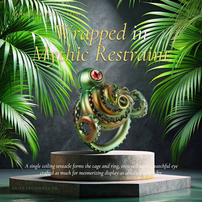 Octopus ring displayed on a pedestal surrounded by tropical palm leaves