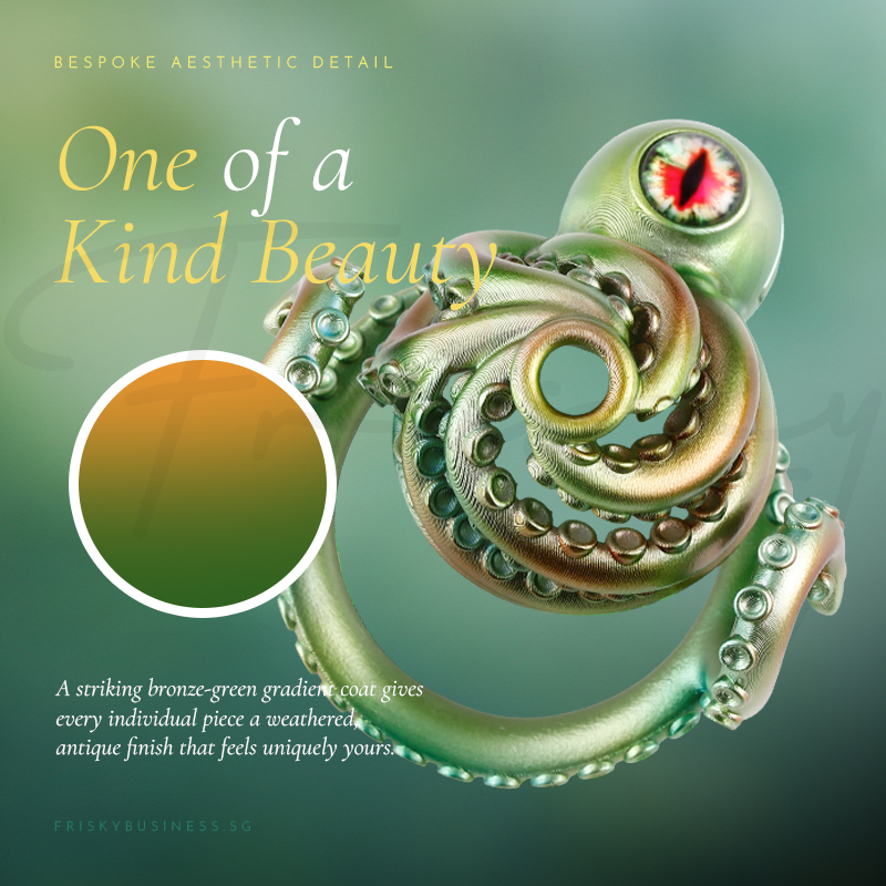 Octopus tentacle ring set against a warm gold and green gradient
