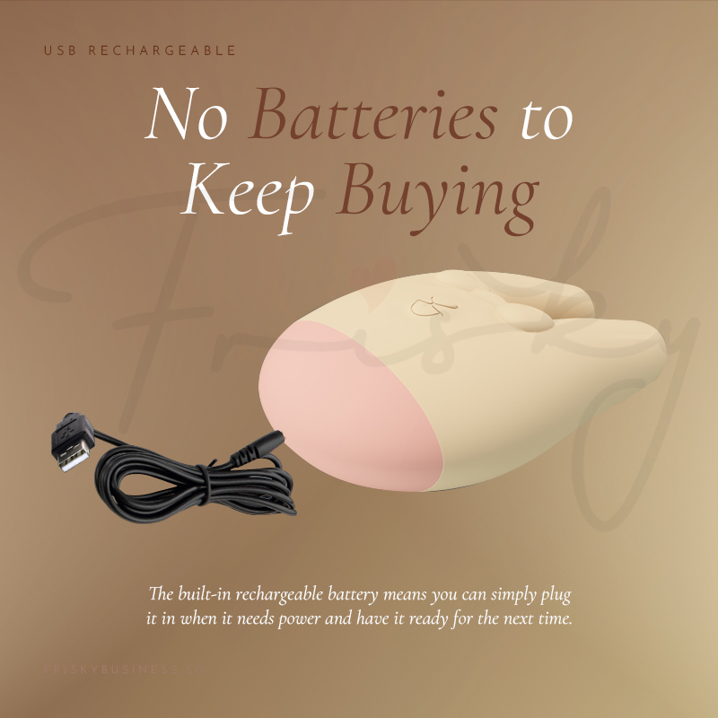 Vibrator shown with its charging cable on a tan background