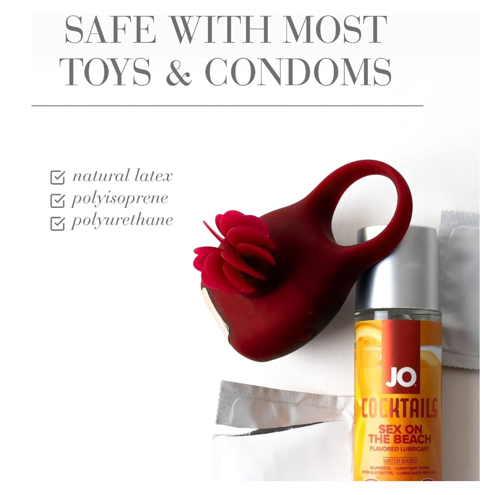 Red toy and bottle labeled 'JO Cocktails' on a white background with text about product safety.