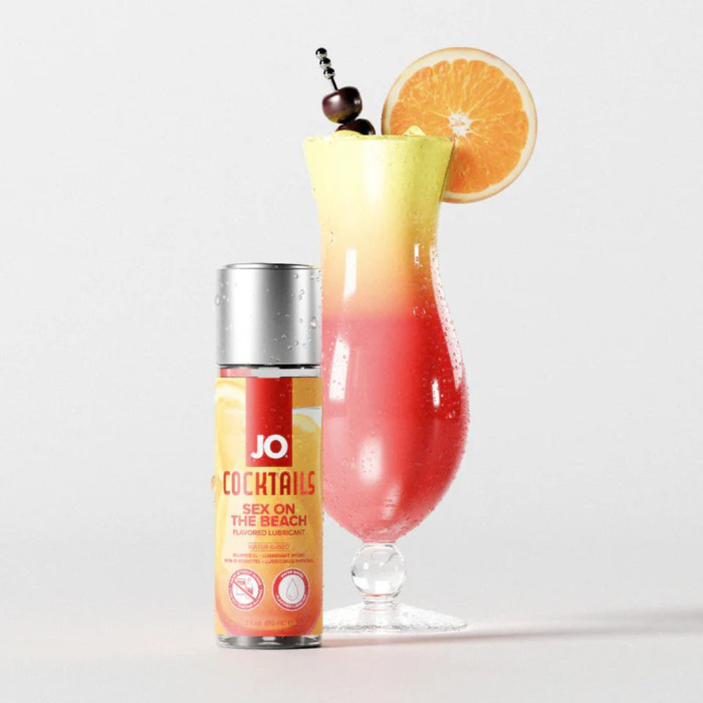 JO Cocktails 'Sex on the Beach' lubricant bottle with a colorful cocktail.