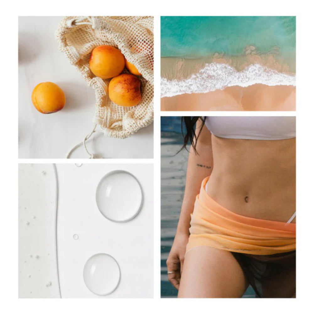 Collage of images including oranges, beach scene, and close-up of skin.