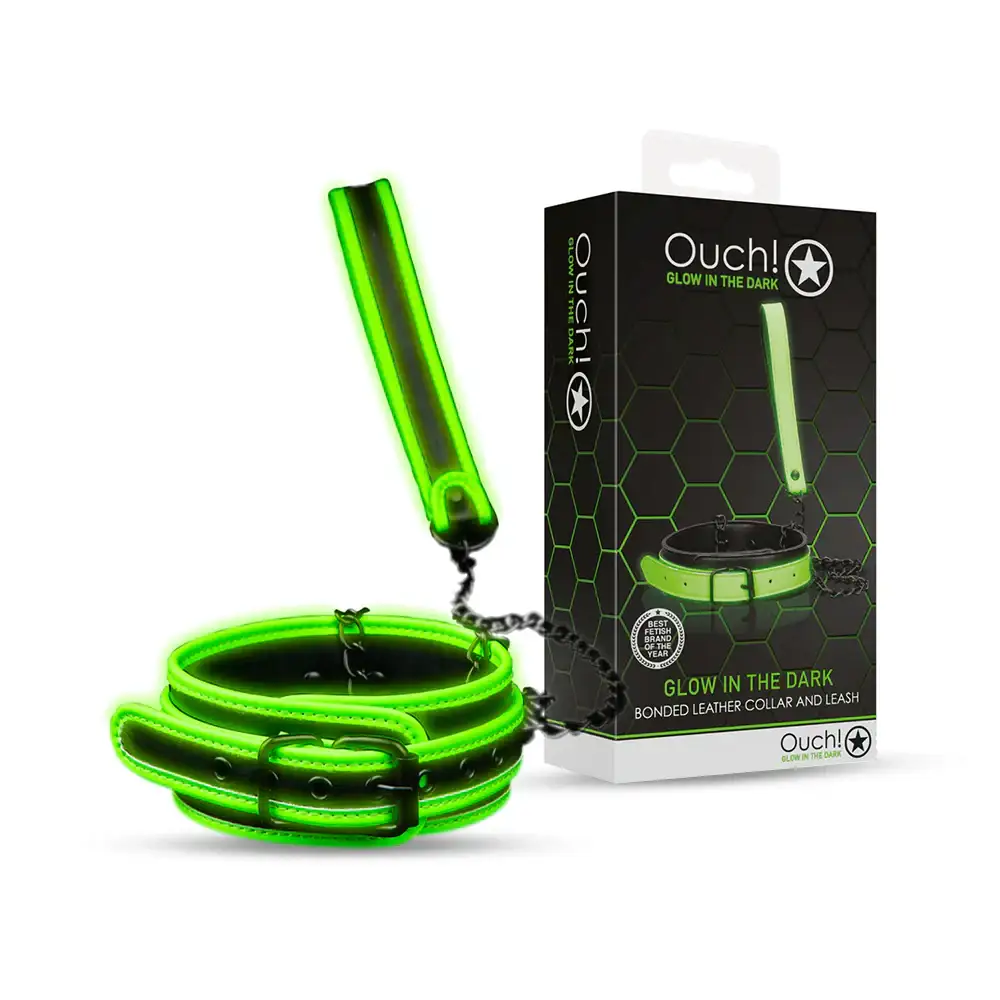 SHOTS Ouch! Collar and Leash Glow in the Dark adjustable PU leather collar with matching leash for adult play Singapore