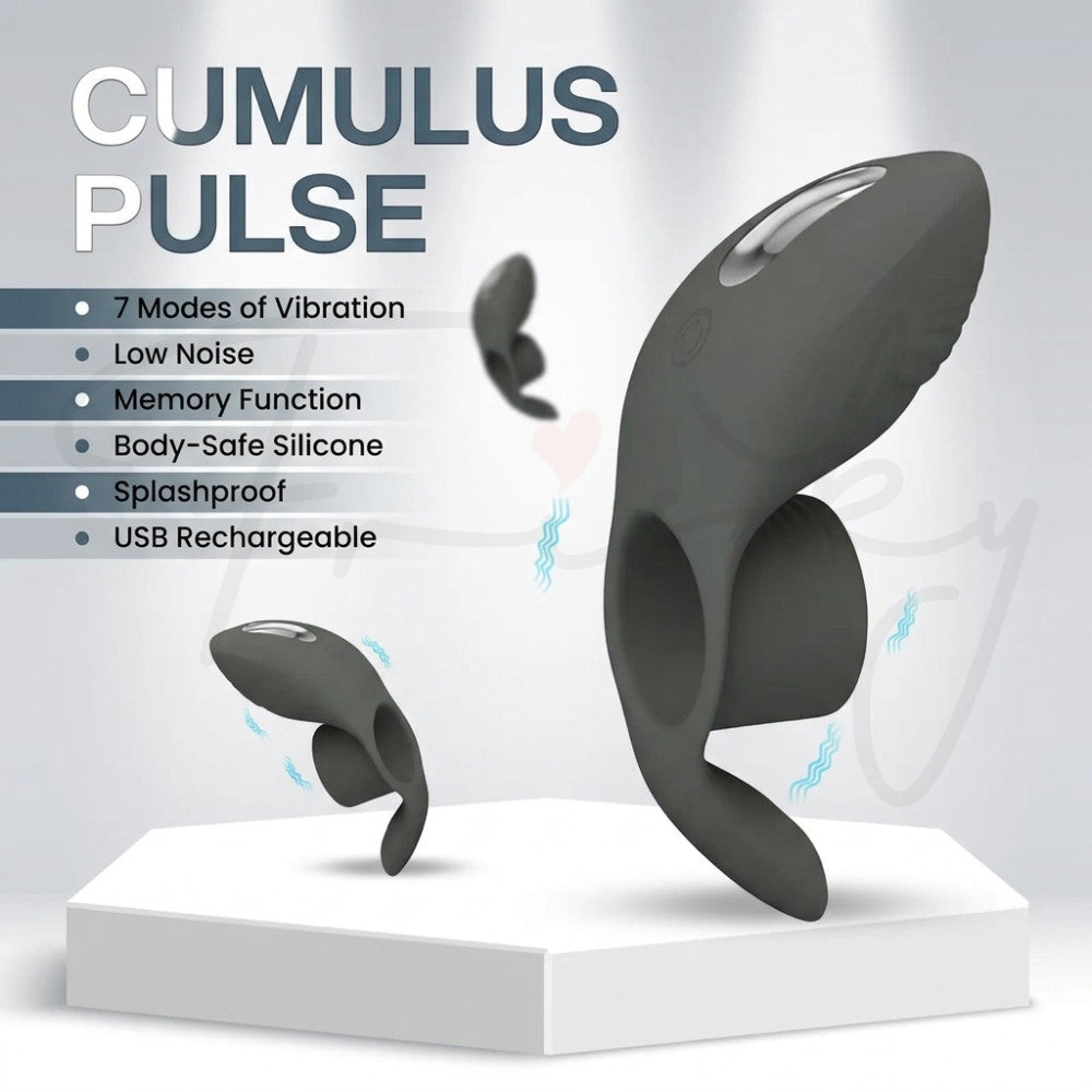 Cumulus Pulse vibrating ring shown with a soft pulse-wave graphic illustrating its rhythmic vibration modes