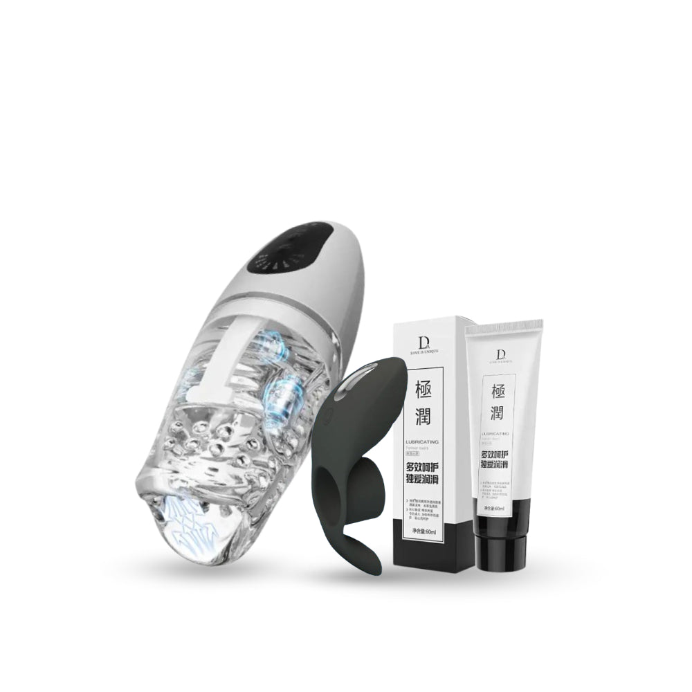 Crystal Kiss Pleasure Set full bundle with masturbator sleeve, lubricant tube, and vibrating ring on a white background
