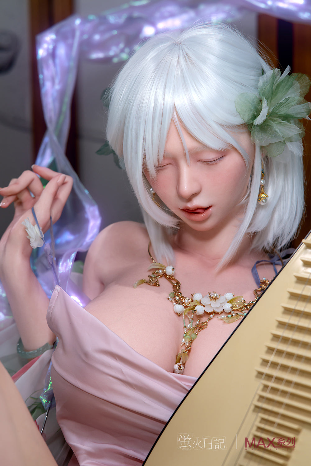 High-angle close-up of the Firefly Diary Doll 160 cm Max Series Silicone - Liu Li V3 reclining. The doll is shown with her eyes partially closed and tongue slightly visible, wearing a detailed floral necklace and pink slip dress. A traditional Chinese pipa instrument is visible in the foreground, and a glowing purple ribbon-like light effect arcs behind her head.