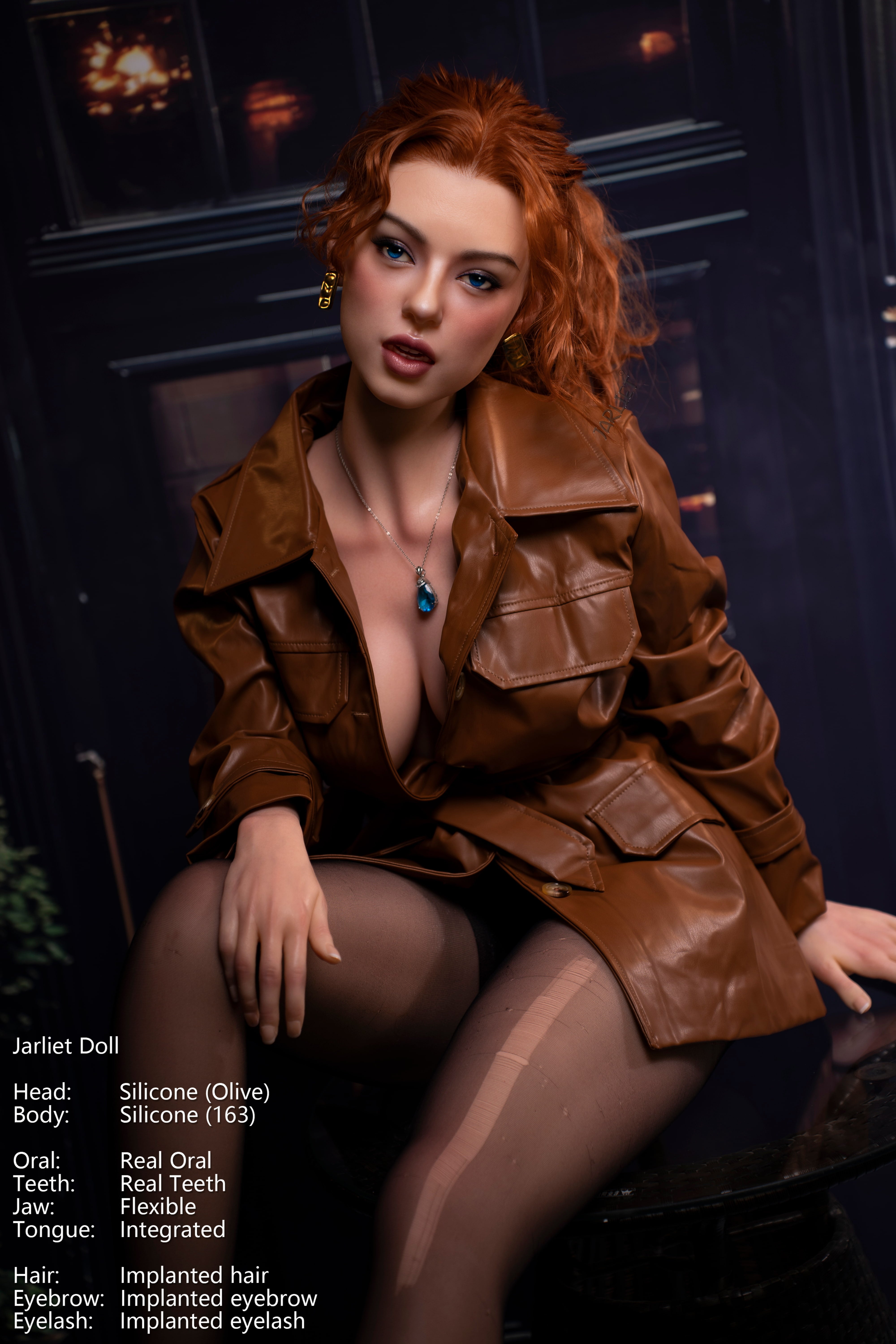 A close-up of Jarliet Doll 163 cm D Silicone – Olive, showcasing her facial details and auburn hair styled up, wearing gold earrings and a brown leather jacket.