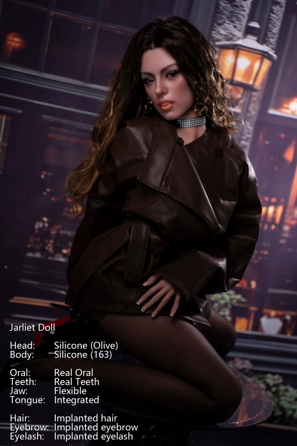 Jarliet Doll 163 cm D Silicone - Olive V2 with long, wavy red hair, wearing a brown belted leather jacket and dark sheer tights.