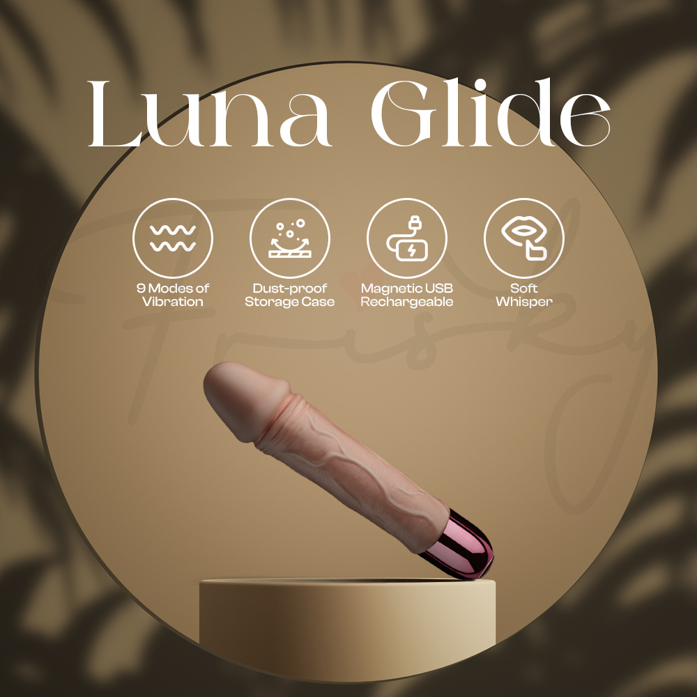 Elegant Luna Glide vibrator displayed with icons highlighting key performance features
