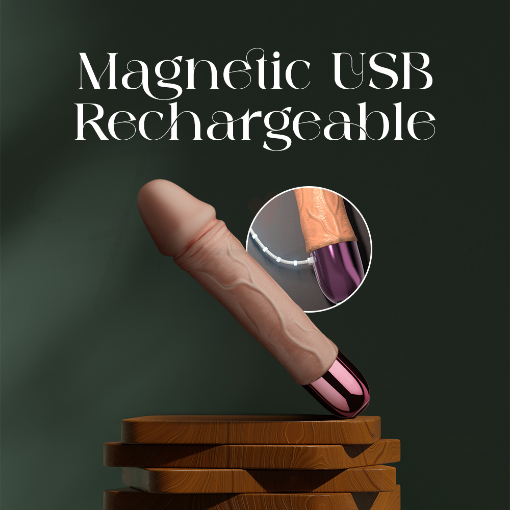 Magnetic USB charging connection attached to vibrator base for easy recharging