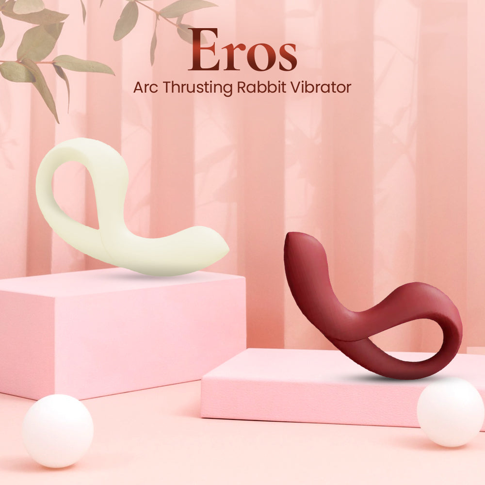 Eros Arc Thrusting Rabbit Vibrator on a pink and white background with 'Eros' branding.