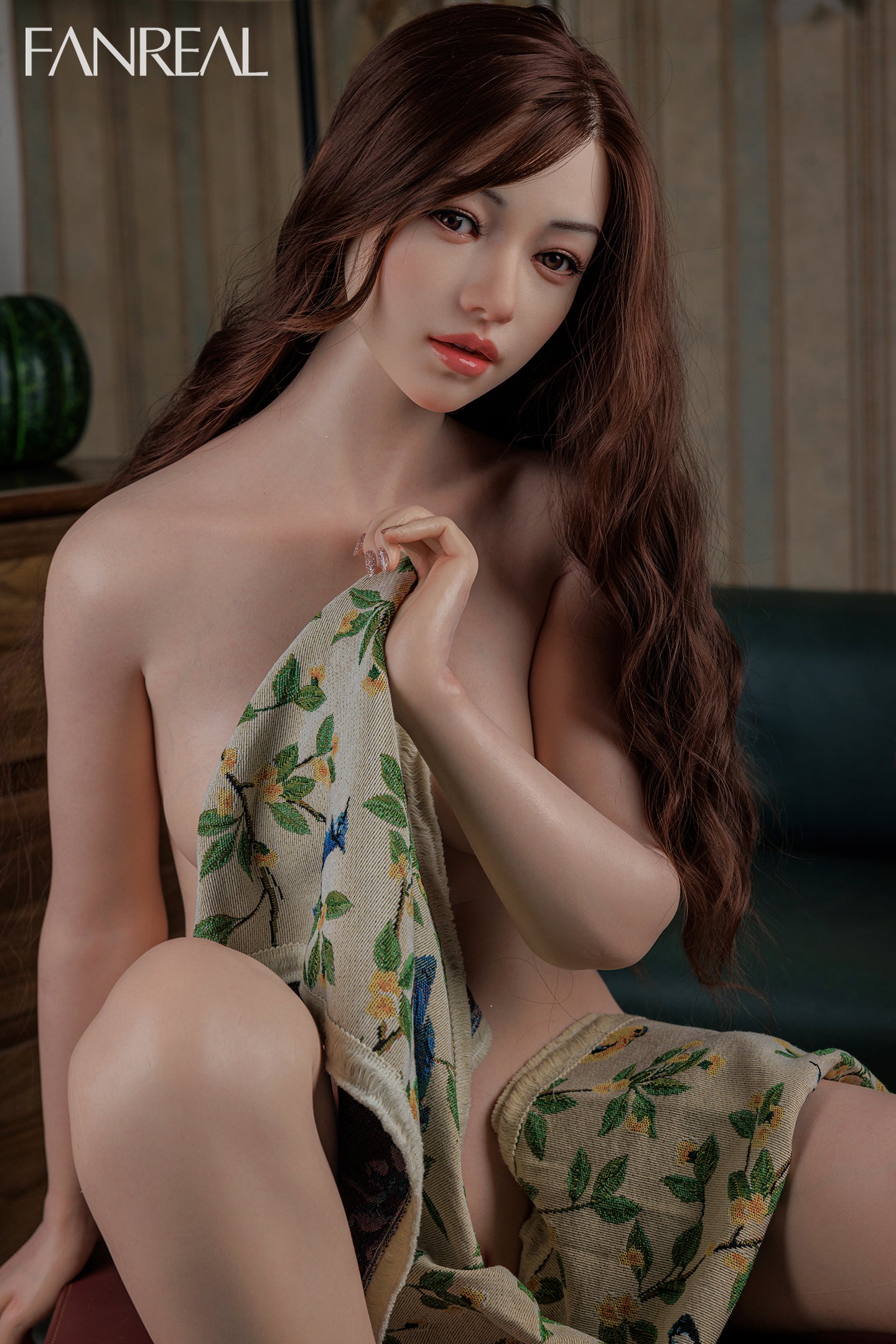 FANREAL DOLL 158 CM B Silicone - Yuki wrapped in a floral towel in a room setting.