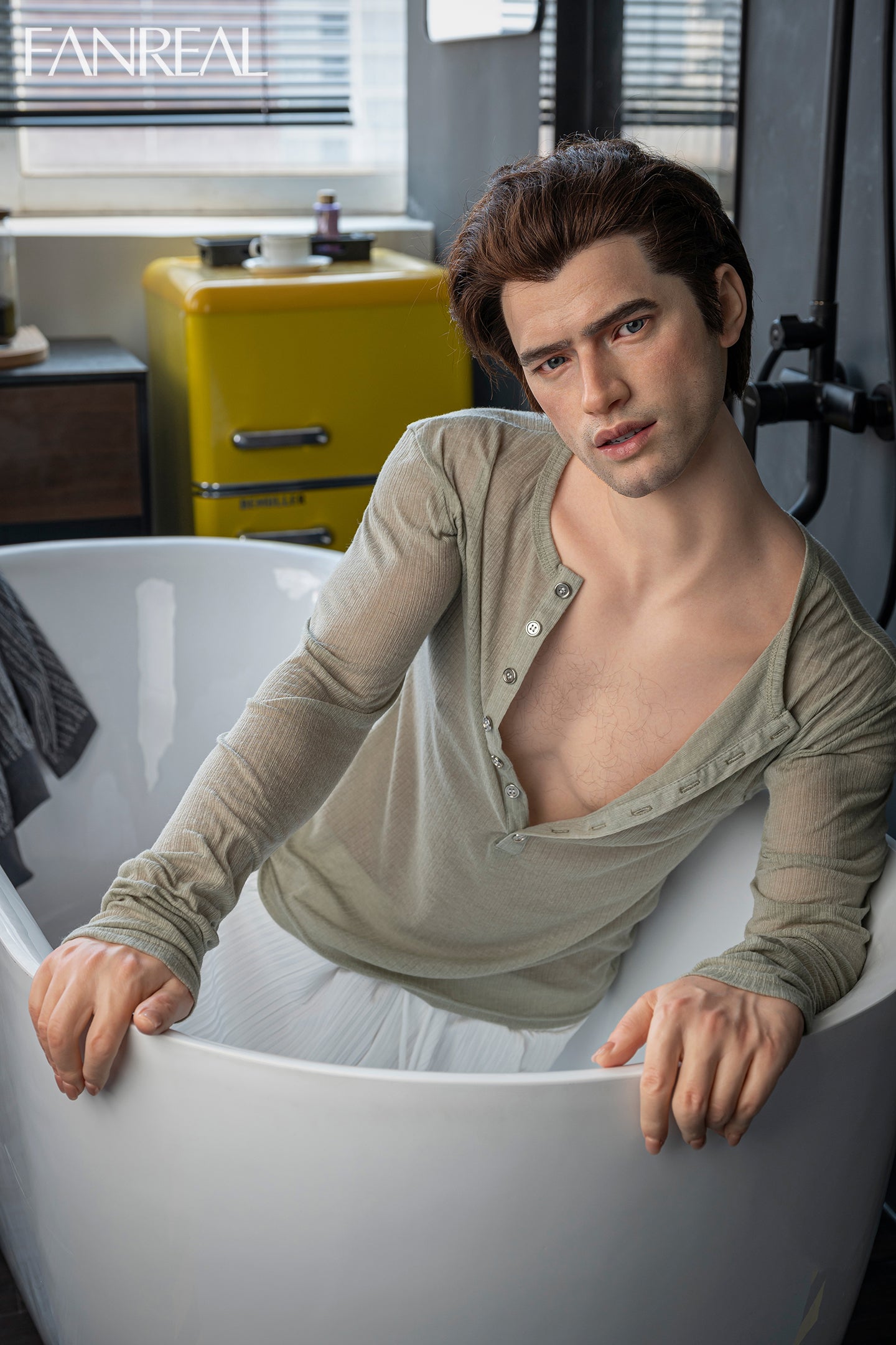 FANREAL DOLL 173 CM Silicone - Male Carter V2 sitting in a bathtub wearing an open green shirt in a bathroom setting.