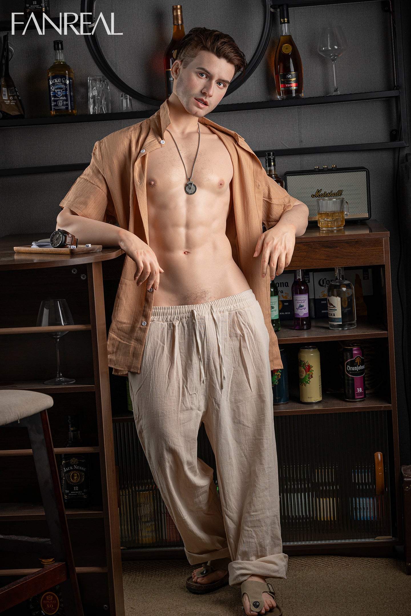 FANREAL DOLL 173 CM Silicone - Male Henry V3 posing shirtless in a bar setting with shelves of bottles and glasses.