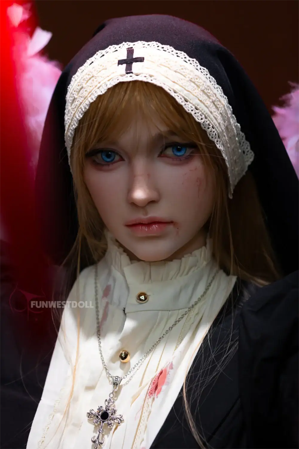 FunWest Doll 159 cm A Silicone – Bella with realistic skin texture, wearing black and white nun-style outfit with lace headpiece and cross necklace.