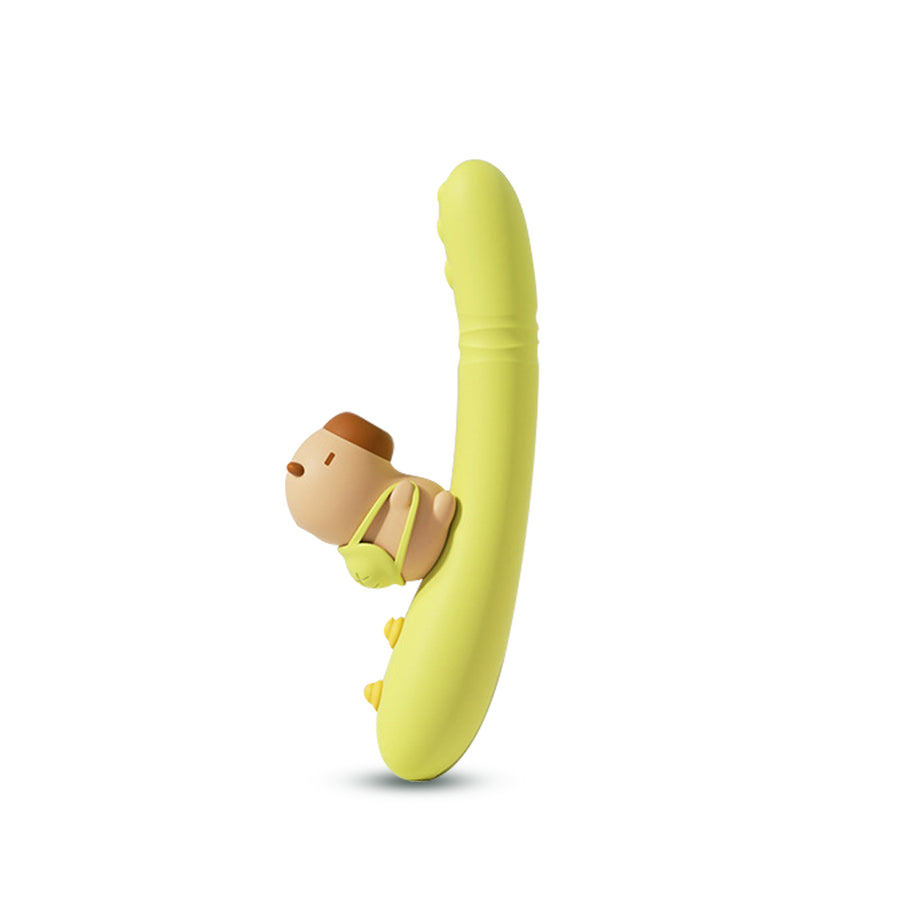 Soft yellow curved suction vibrator with flexible tip and smooth silicone finish