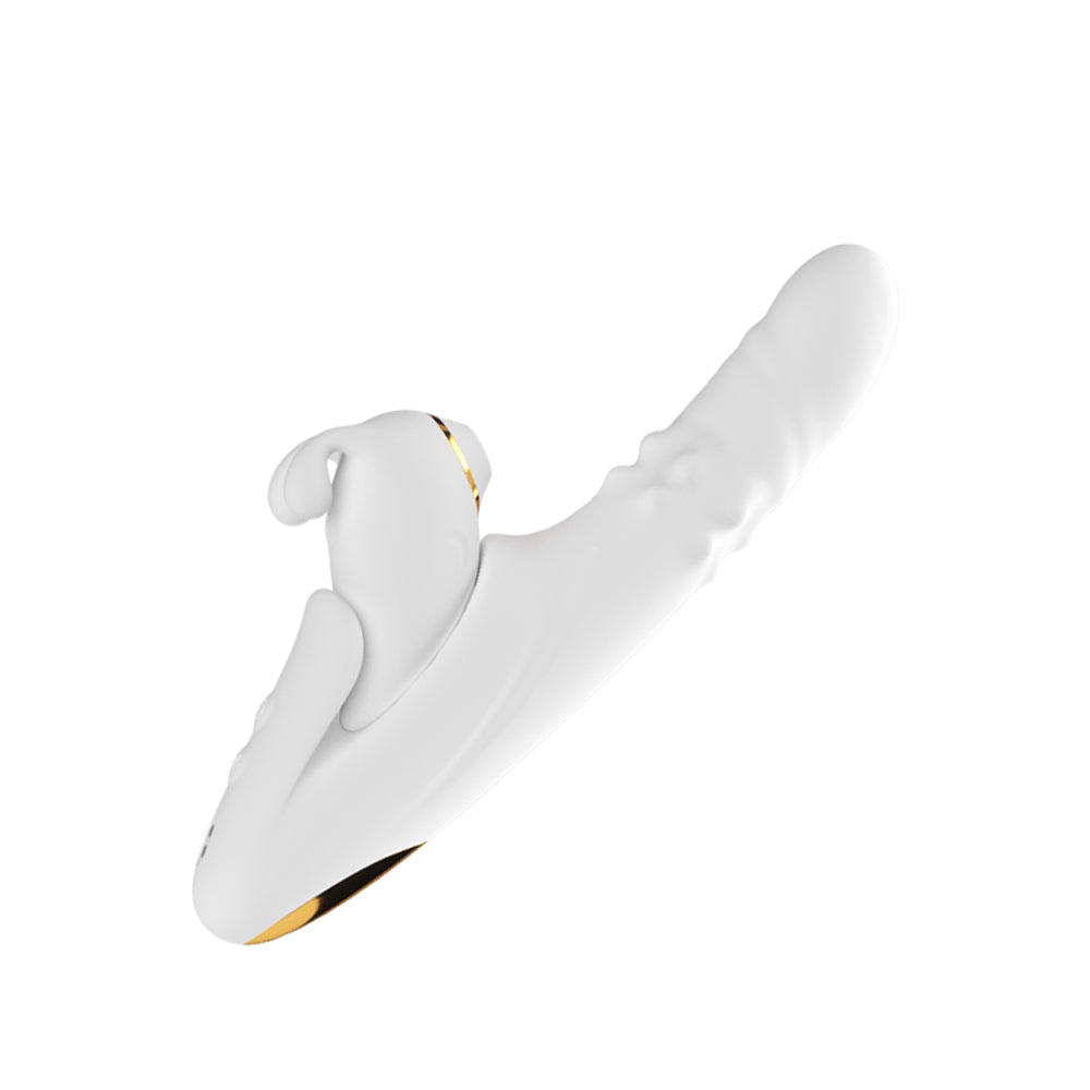 Elegant white thrusting and suction vibrator with curved ergonomic design and dual stimulation features
