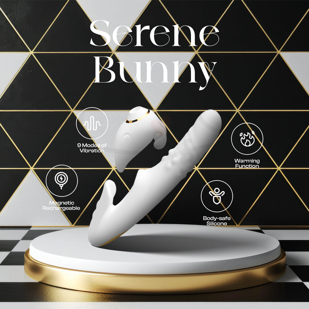 Serene Bunny multi-function vibrator displayed with elegant black and gold luxury presentation