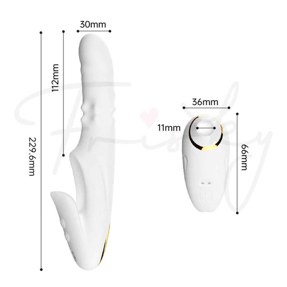 Detailed size guide showing thrusting vibrator and suction attachment measurements and proportions