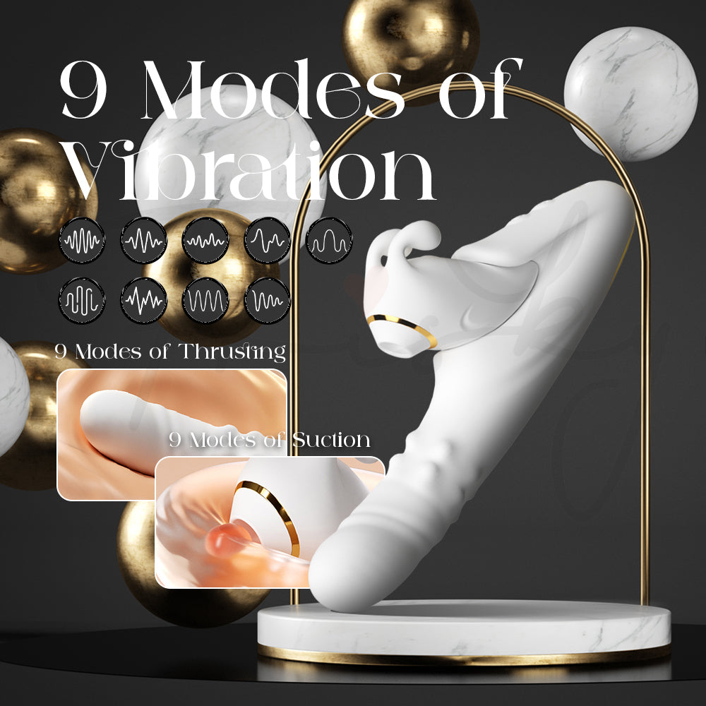 Luxury presentation highlighting 9 suction, vibration, and thrusting stimulation modes
