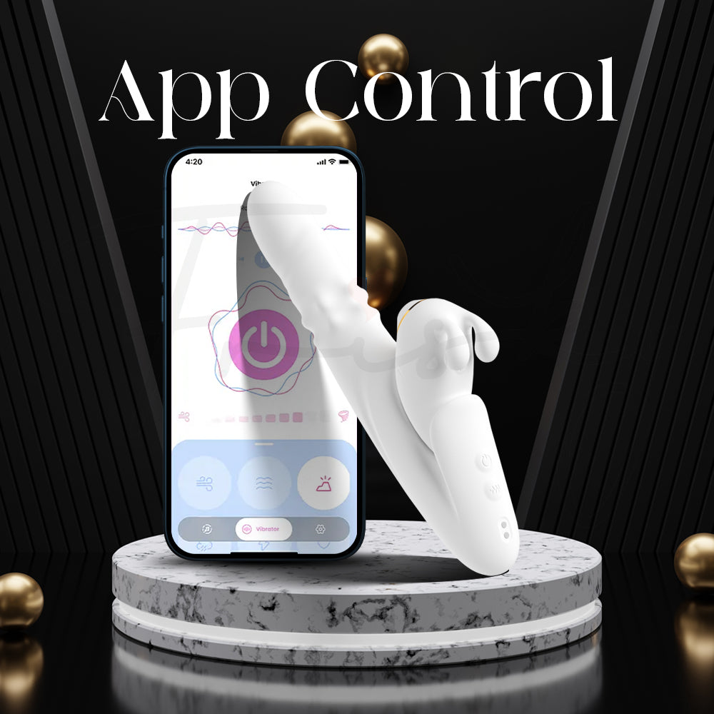 Smart app-controlled vibrator displayed beside smartphone for customizable pleasure settings