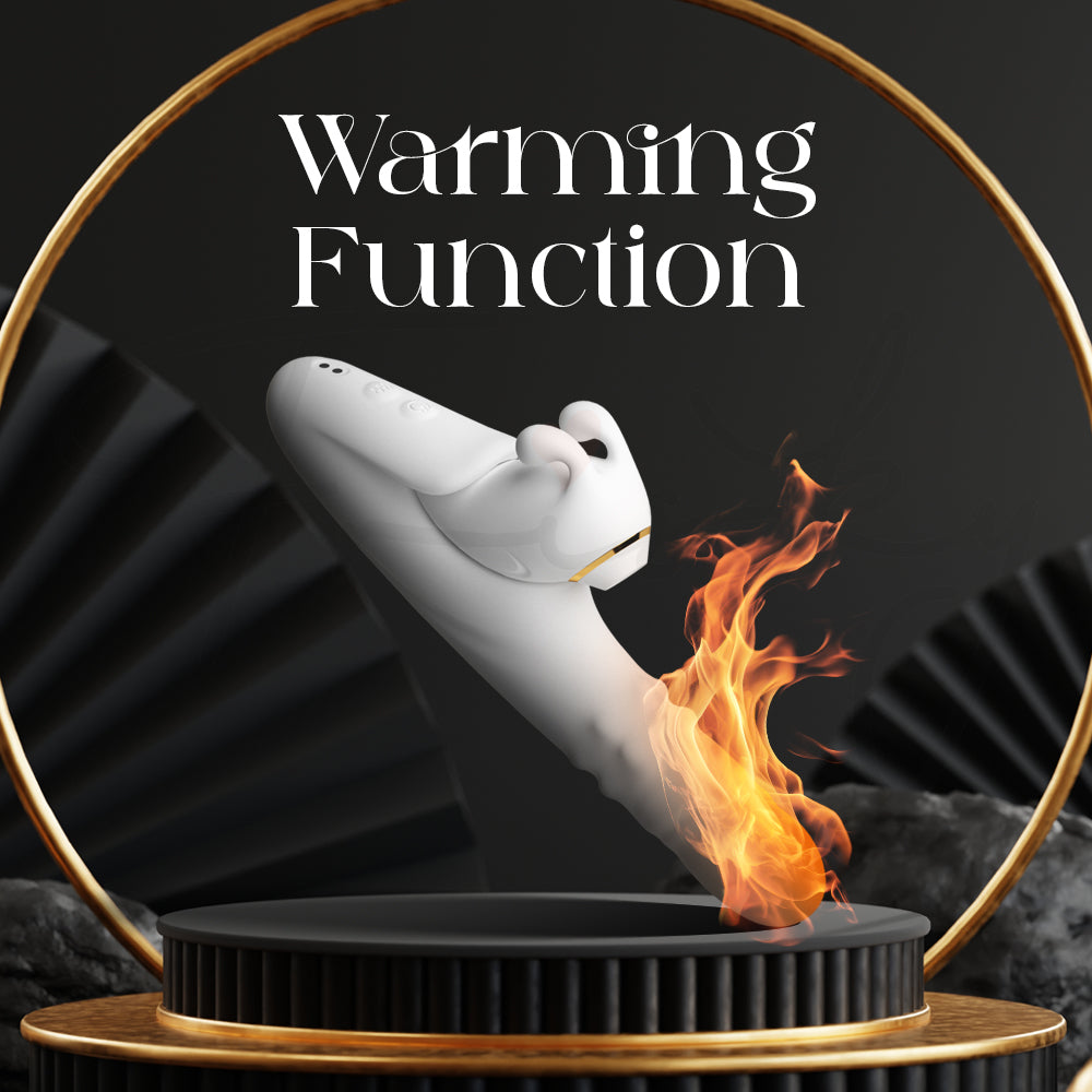 Heated vibrator feature showcased with glowing warmth effect and elegant black backdrop