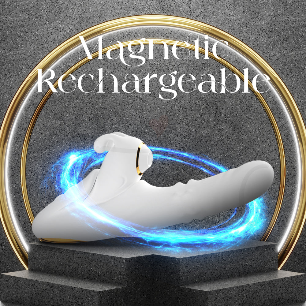 Magnetic rechargeable vibrator displayed with illuminated charging connection and modern luxury aesthetic