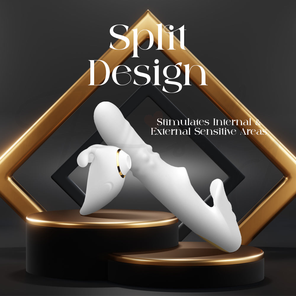 Split dual-stimulation design targeting internal and external pleasure zones simultaneously