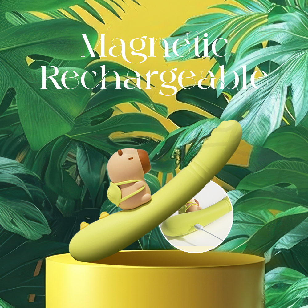 Rechargeable vibrator resting on pedestal with lush green decorative background