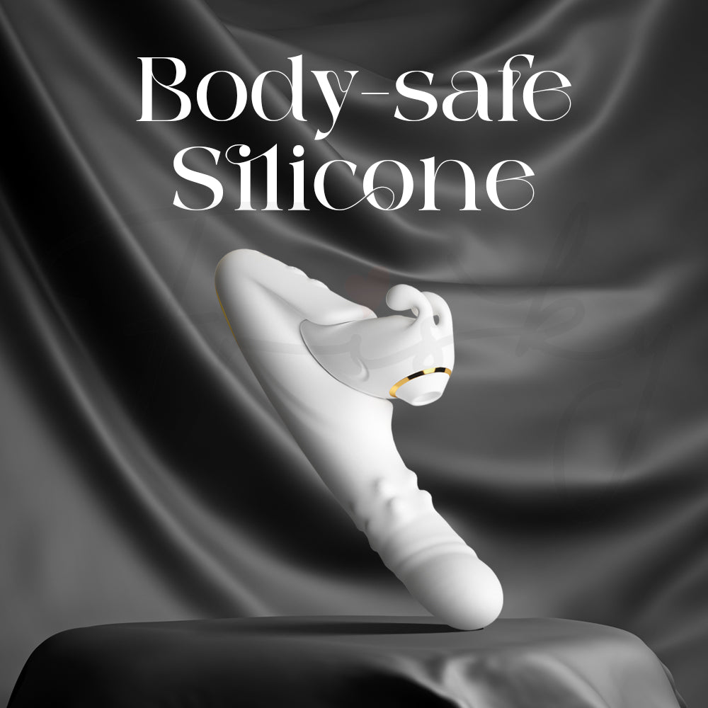 Soft silicone vibrator with smooth ergonomic contours displayed on elegant satin background