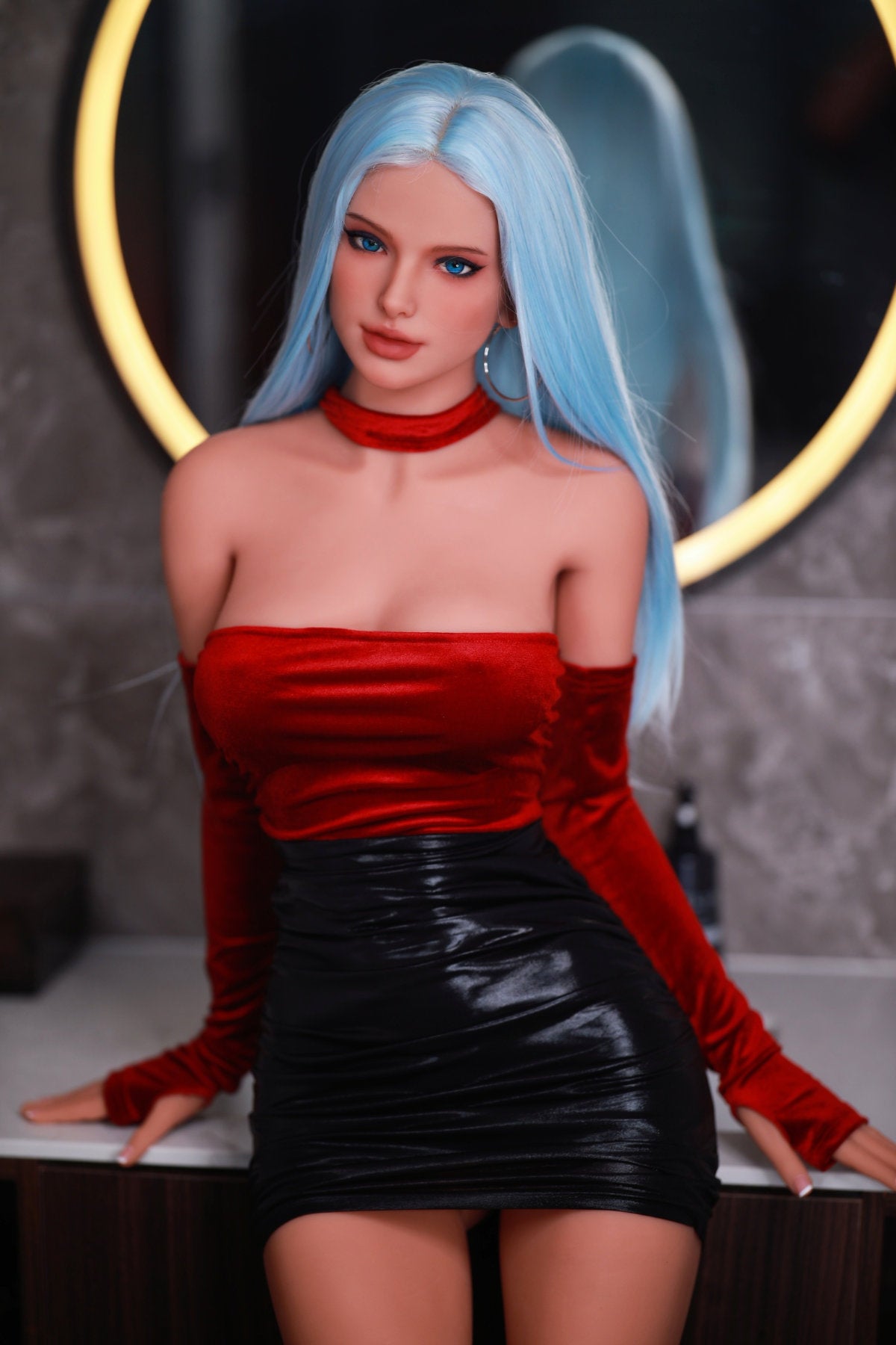Fire Doll 166 cm C TPE - Miki full body standing pose in red off-shoulder top and black leather mini skirt, long silver-blue hair, dark studio background with gold ring light
