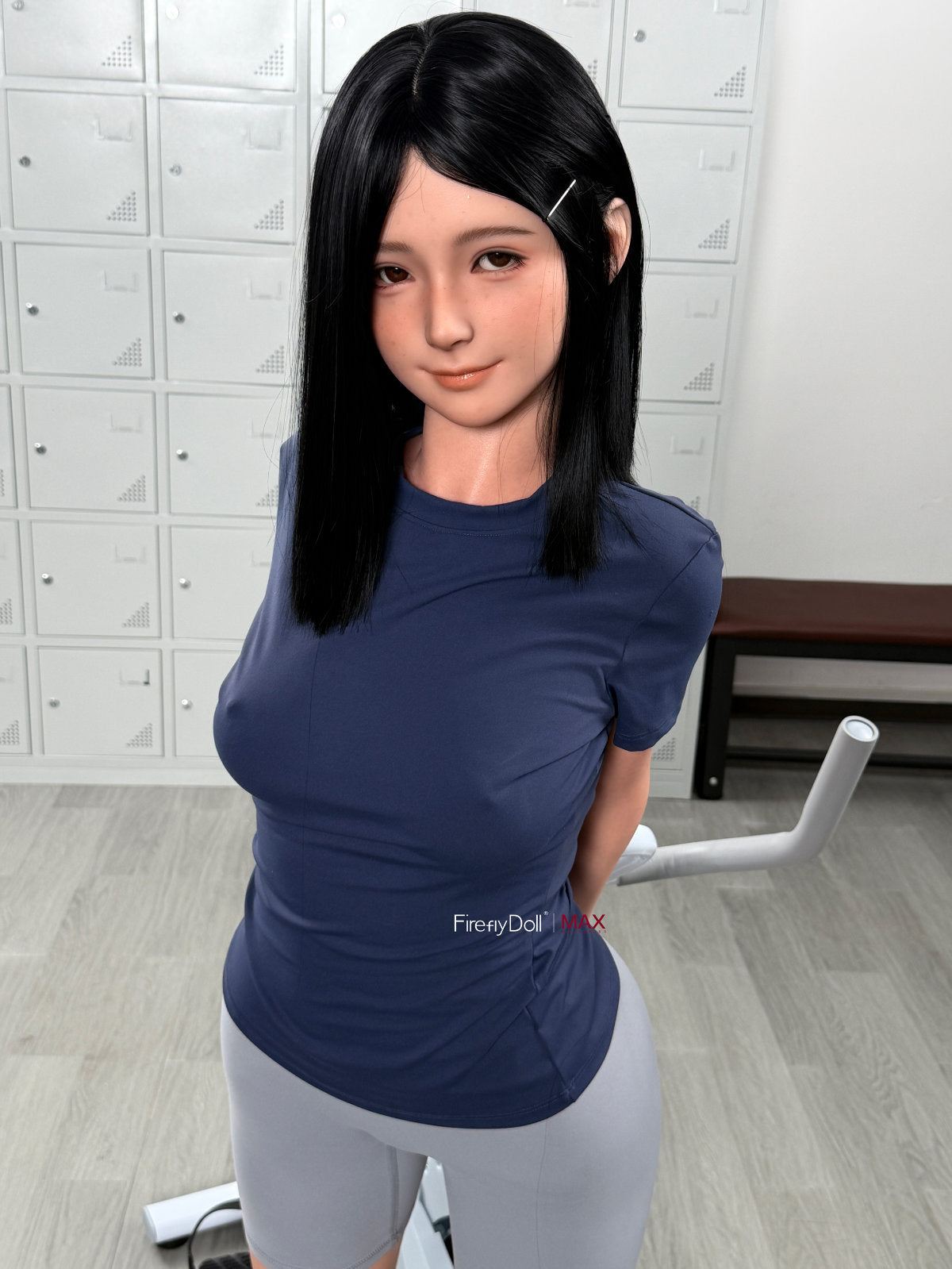 Firefly Diary Doll 153 cm B Max Series Silicone - Qiandao full body front view in navy blue t-shirt, short dark hair with bangs, gym indoor background