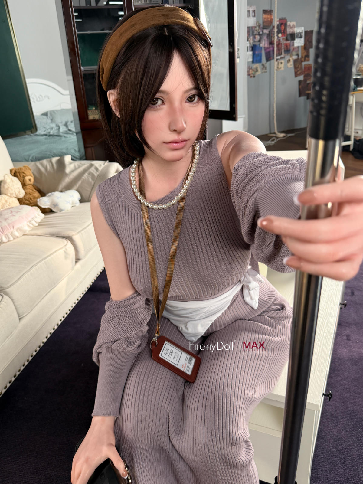 Firefly Diary Doll 165 cm B Max Series Silicone - Haruko V2 standing close-up in a gray knit sweater dress