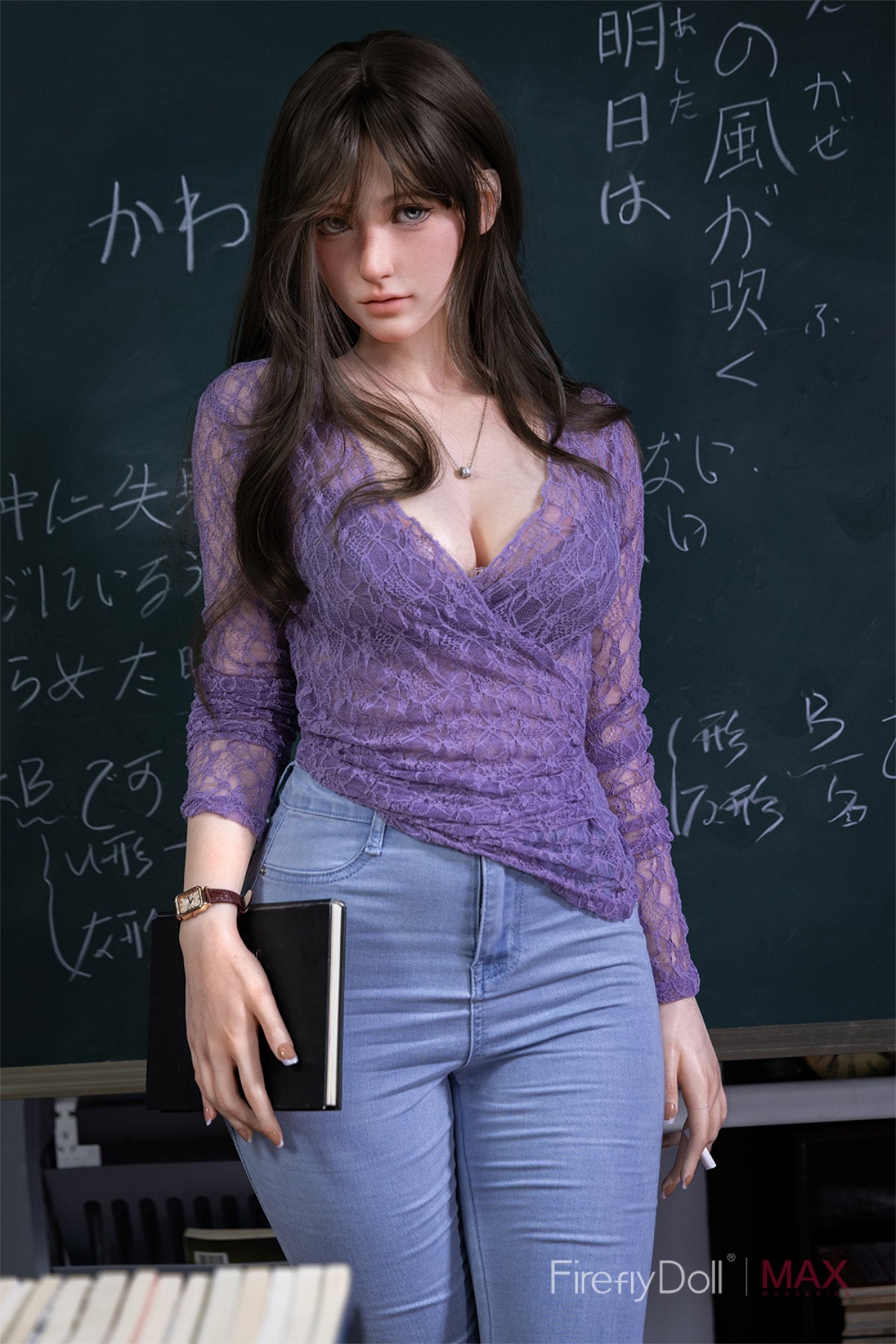 Firefly Diary Doll 165 cm B Max Series Silicone - Haruko upper body side view in purple lace top and blue jeans, long dark brown hair with bangs, dark classroom background