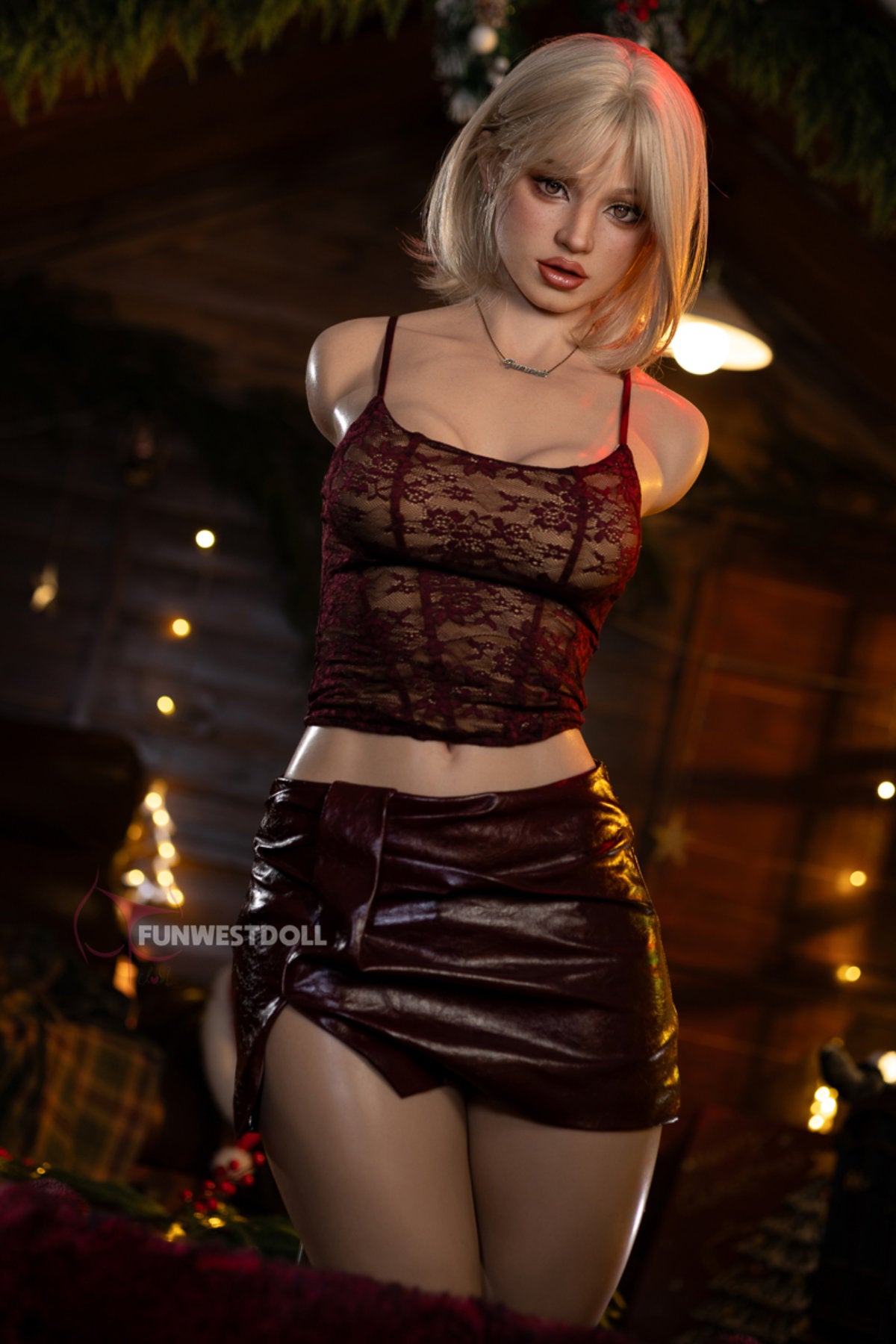 FunWest Doll 113 cm D FWT Series Silicone Torso - Lyra V2 full body standing pose in red lace crop top and burgundy mini skirt, short blonde bob hair, festive Christmas background
