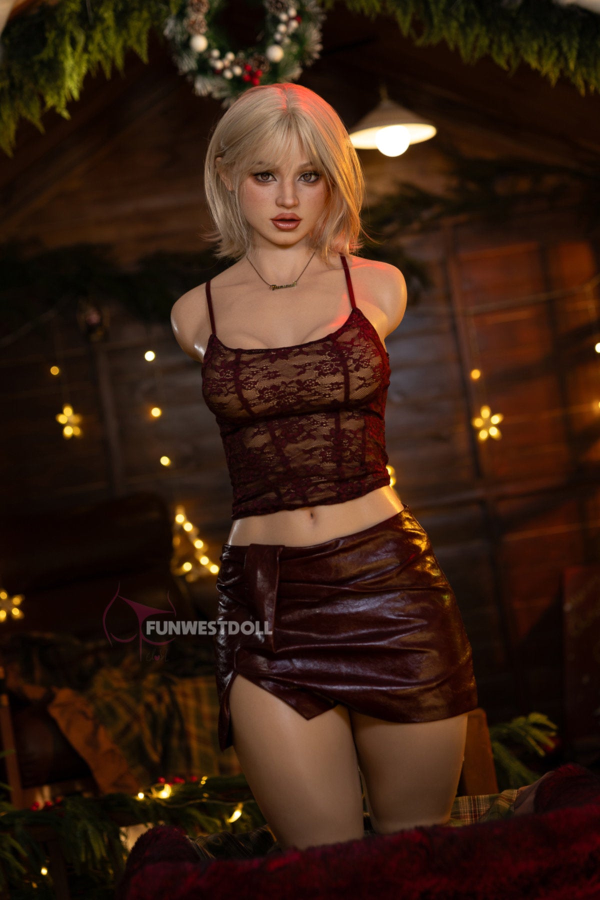 FunWest Doll 113 cm D FWT Series Silicone Torso - Lyra V2 upper body nude close-up, short blonde bob hair, festive Christmas background
